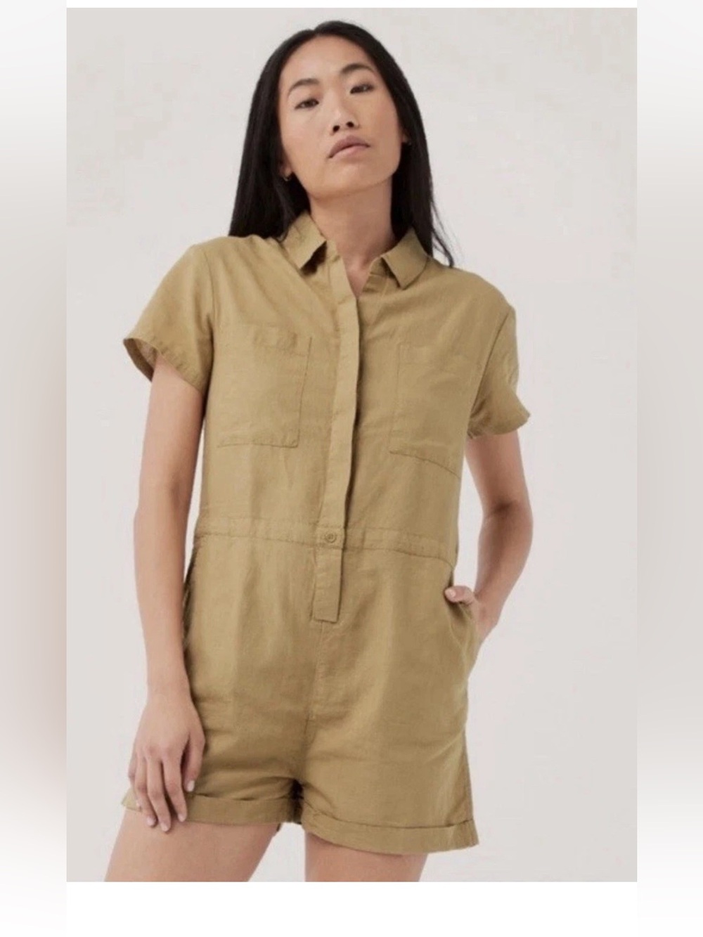 PACT Organic Cotton Sleeveless Utility Romper Shorts  Small Tan